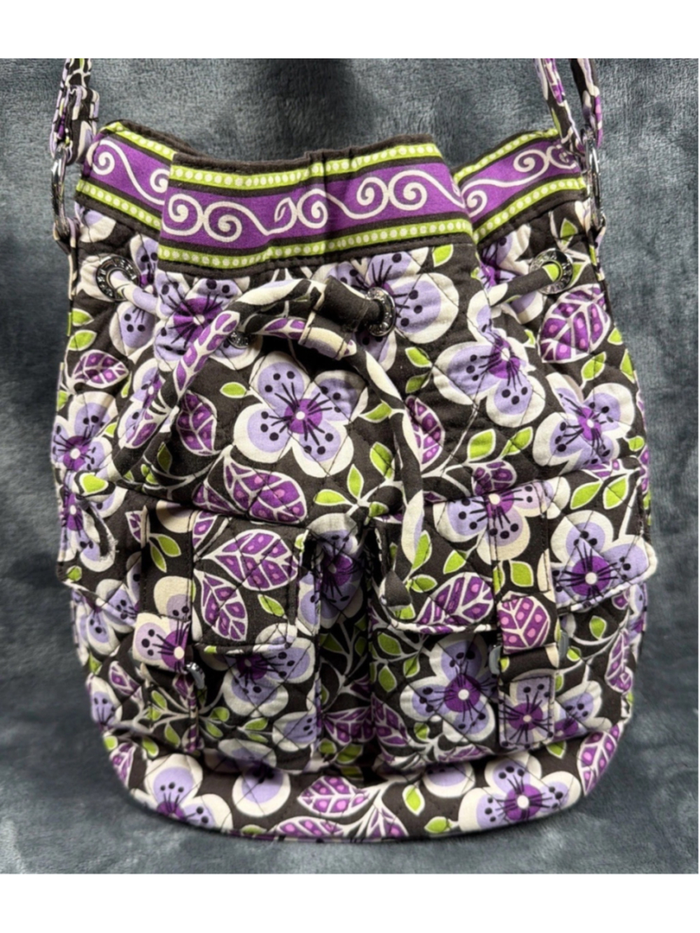 Vera Bradley Plum Petals Drawstring Crossbody Bag Bucket Bag Purse